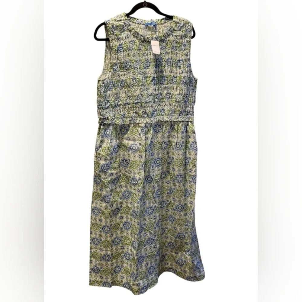 J. McLaughlin Ciri Smocked Maxi Dress Linen Cotton Seaside Tile Blue Green Sz XL - Picture 2 of 8